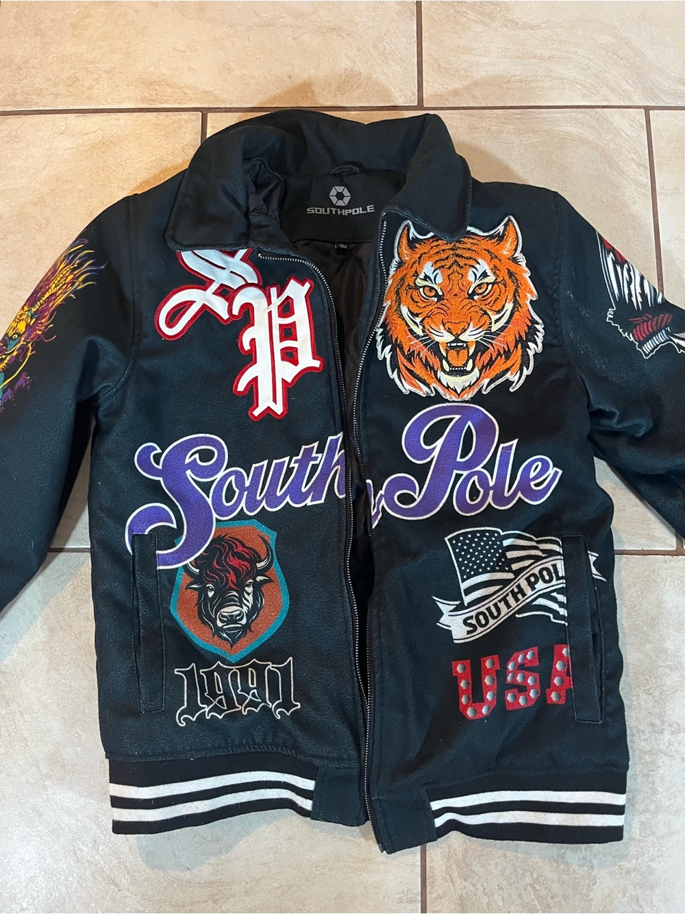 South Pole Black Kids Puffer Jacket with Tiger & Patch Graphics*ZIPPER MISSING*
